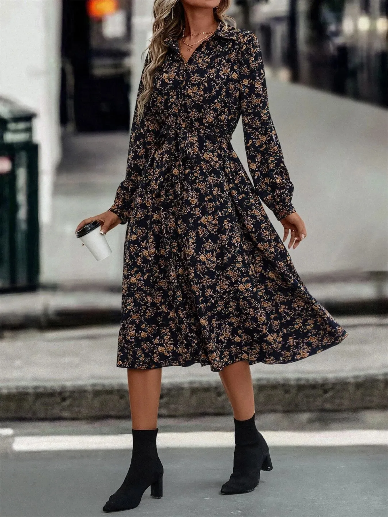 Floral Print Long Sleeve Midi Shirt Dress sold by Charming Charlie product image thumbnail 5