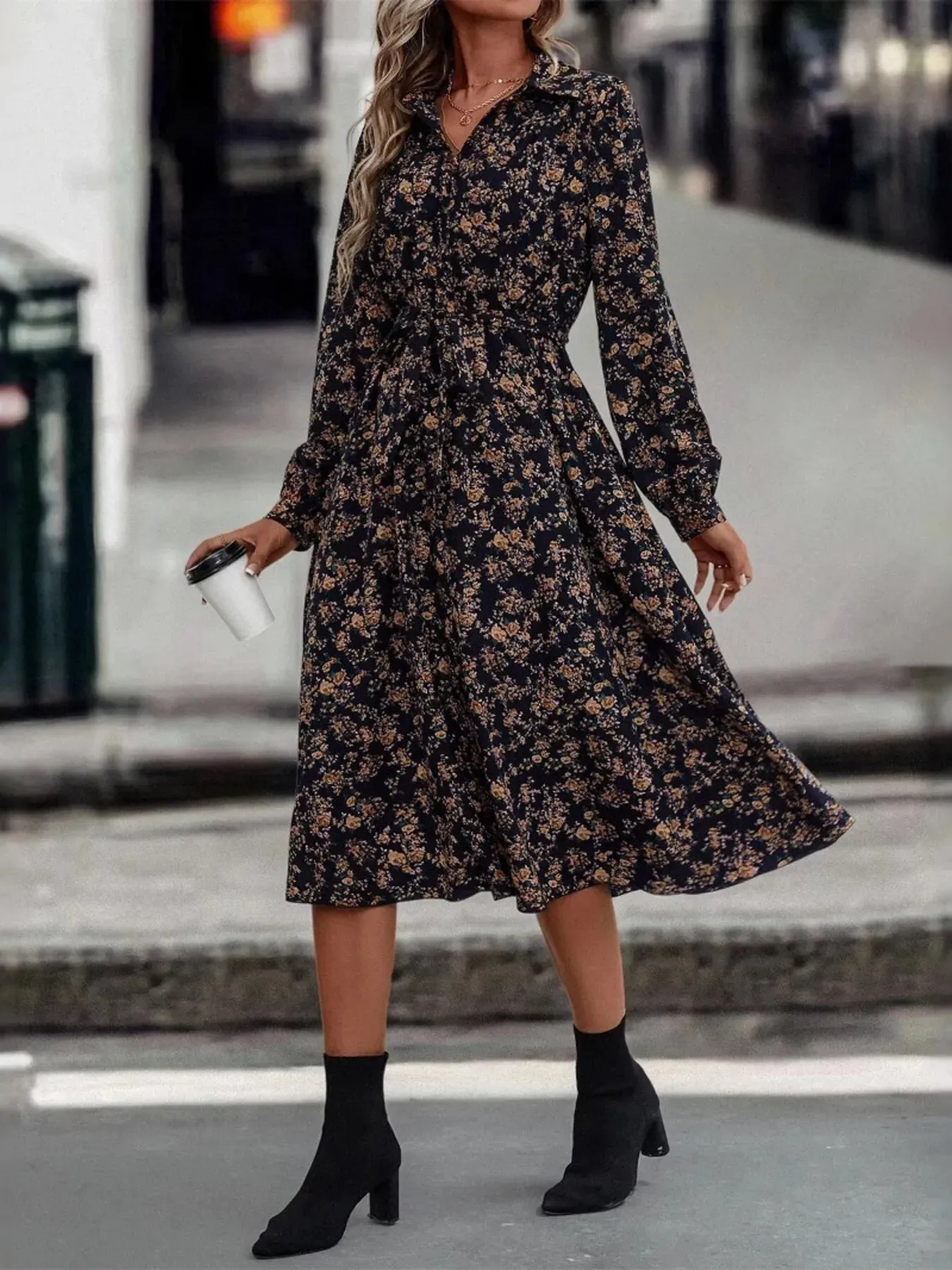 Floral Print Long Sleeve Midi Shirt Dress sold by Charming Charlie product image thumbnail 2