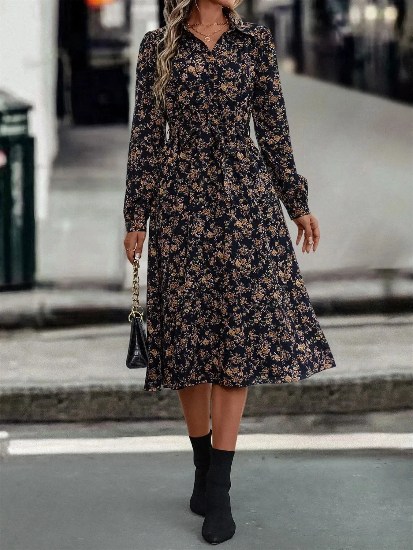 Floral Print Long Sleeve Midi Shirt Dress sold by Charming Charlie product image thumbnail 4