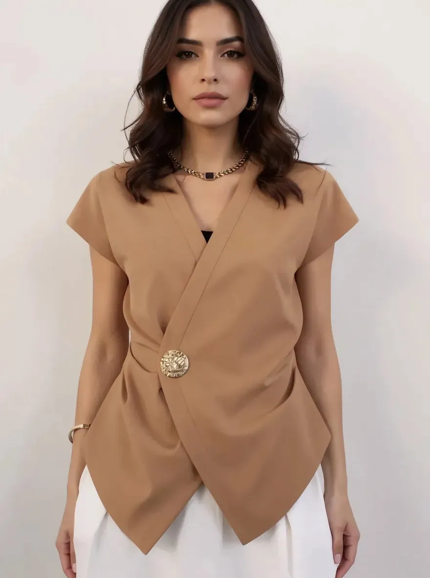 Plus Size Wrap Front Blouse with Decorative Button Detail sold by Charming Charlie