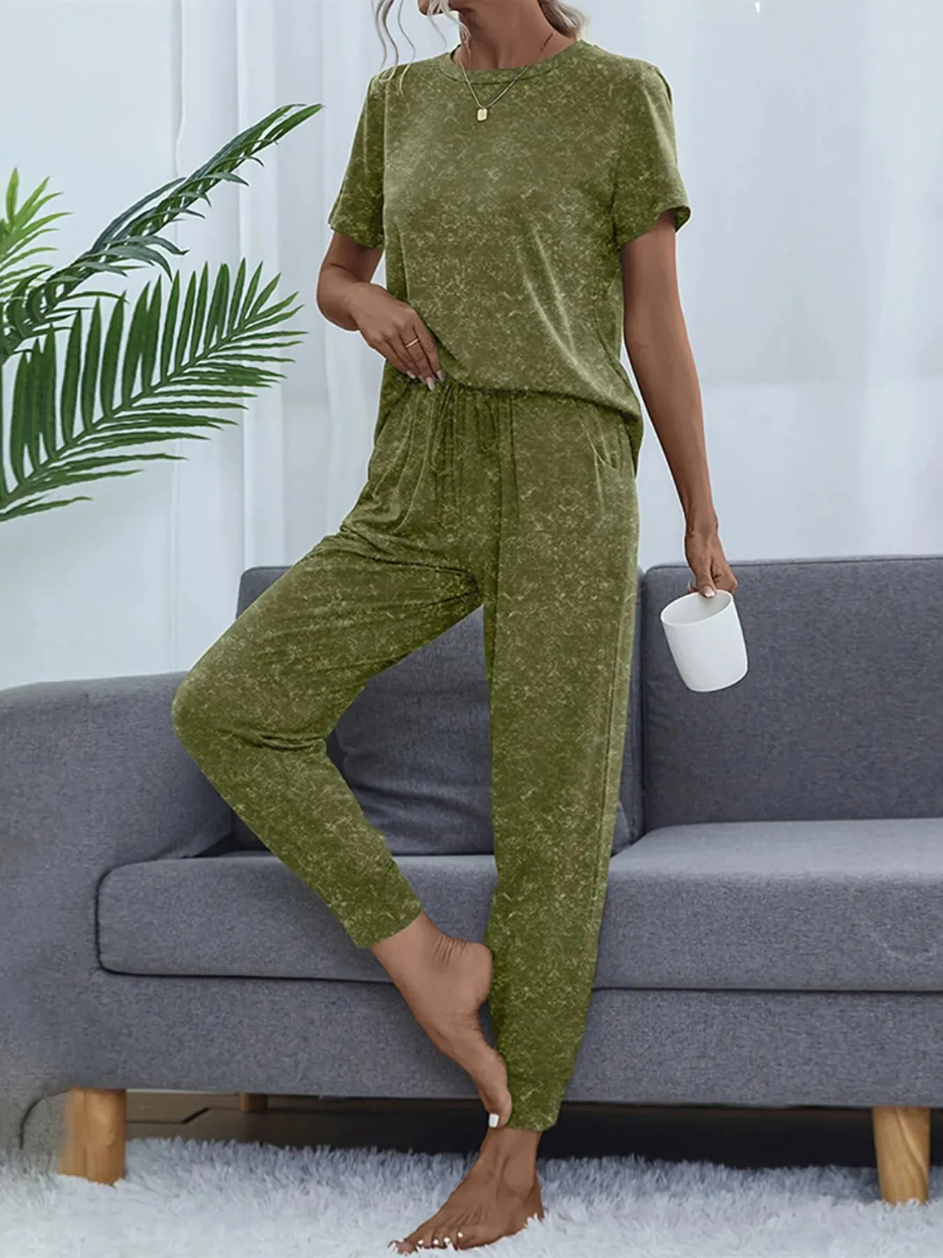 Round Neck Short Sleeve Top and Pants Lounge Set sold by Charming Charlie