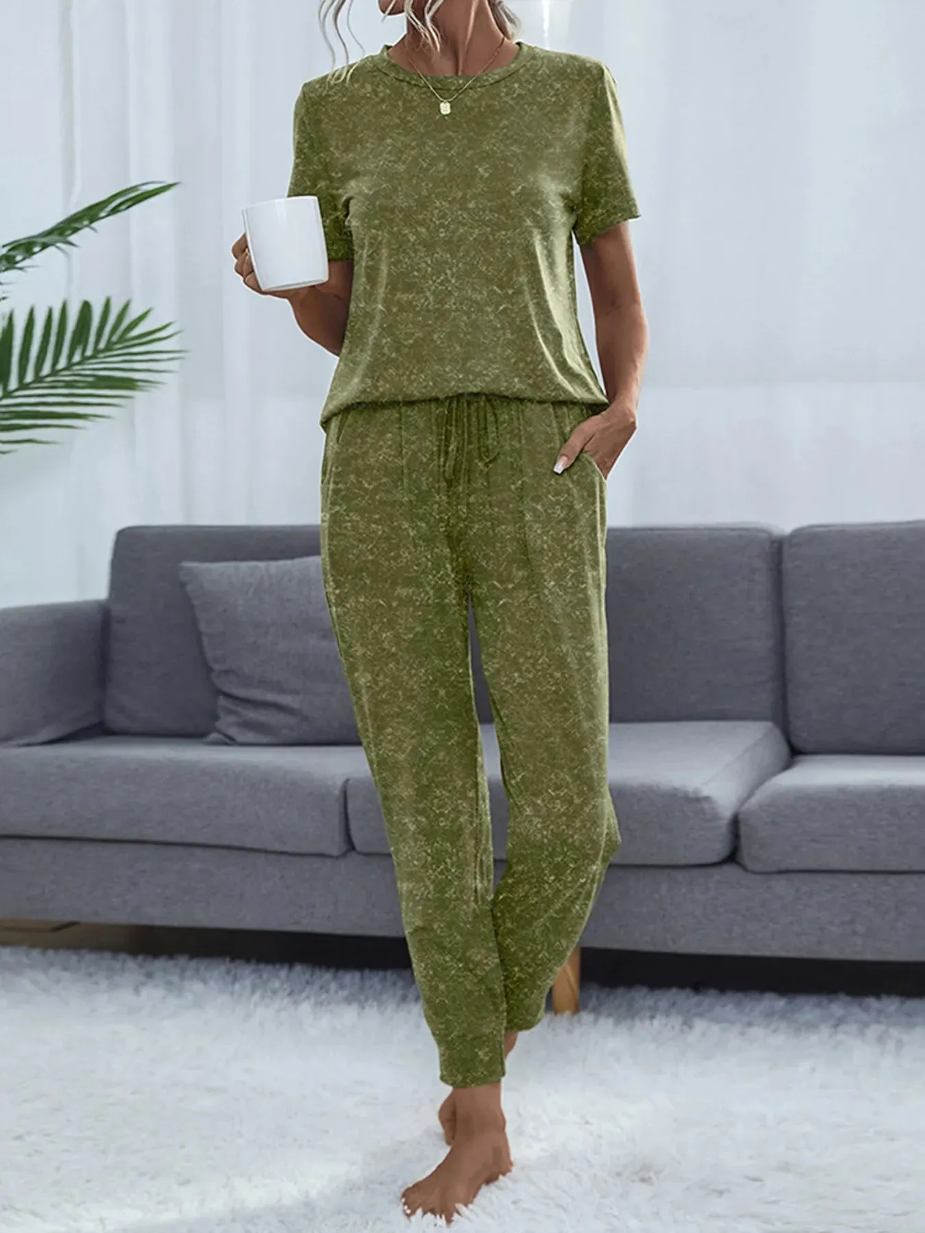 Round Neck Short Sleeve Top and Pants Lounge Set sold by Charming Charlie product image thumbnail 3