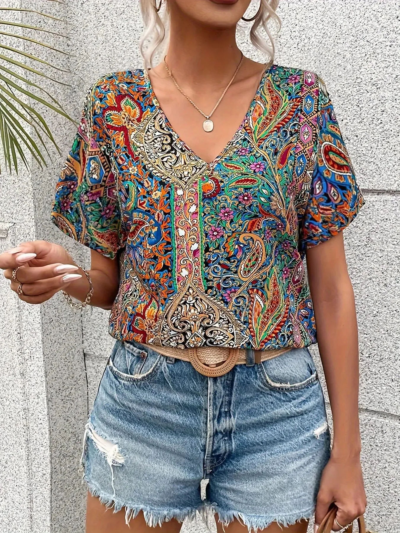 Printed V-Neck Short Sleeve Blouse sold by Charming Charlie product image thumbnail 4