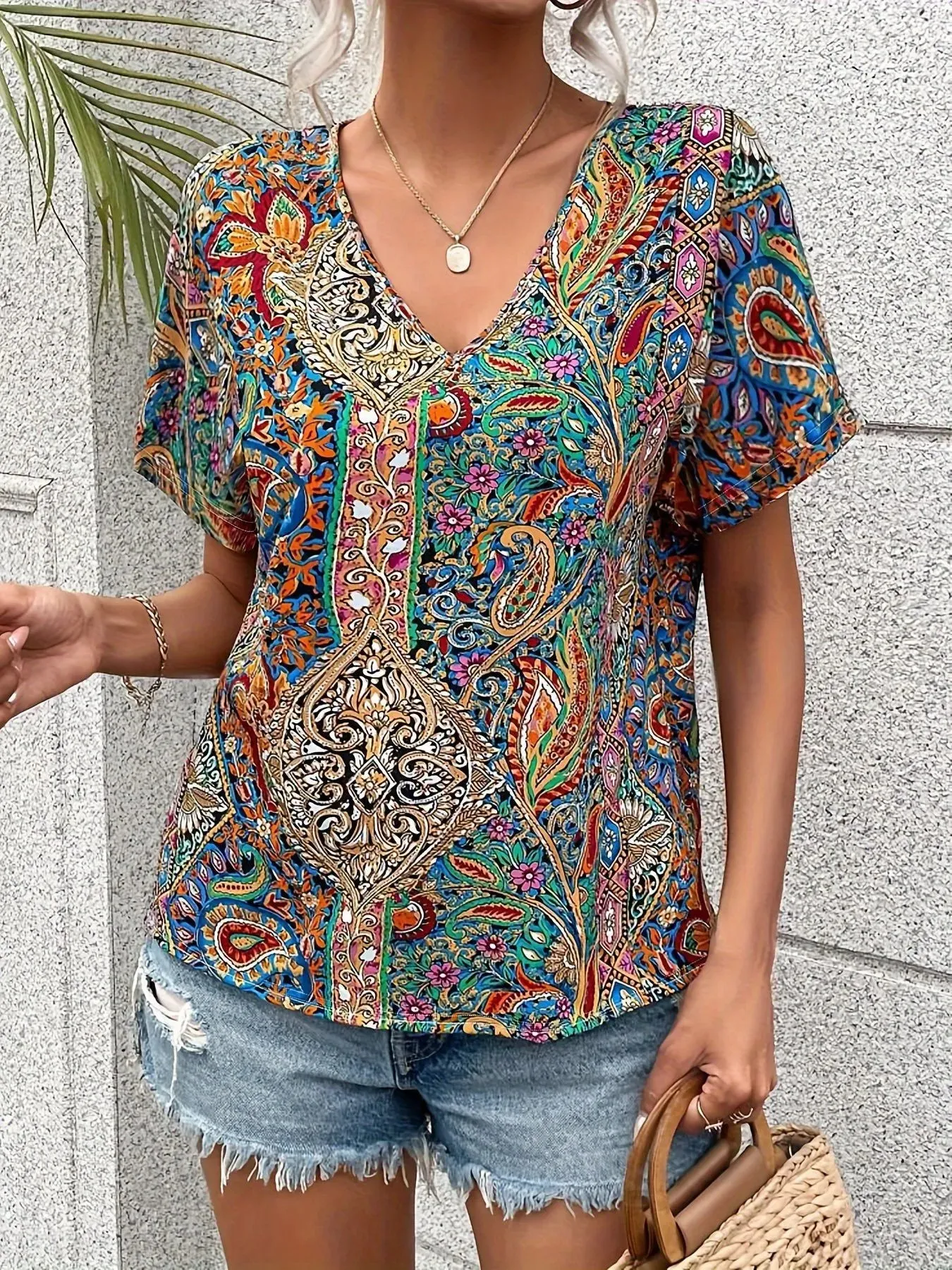 Printed V-Neck Short Sleeve Blouse sold by Charming Charlie product image thumbnail 5