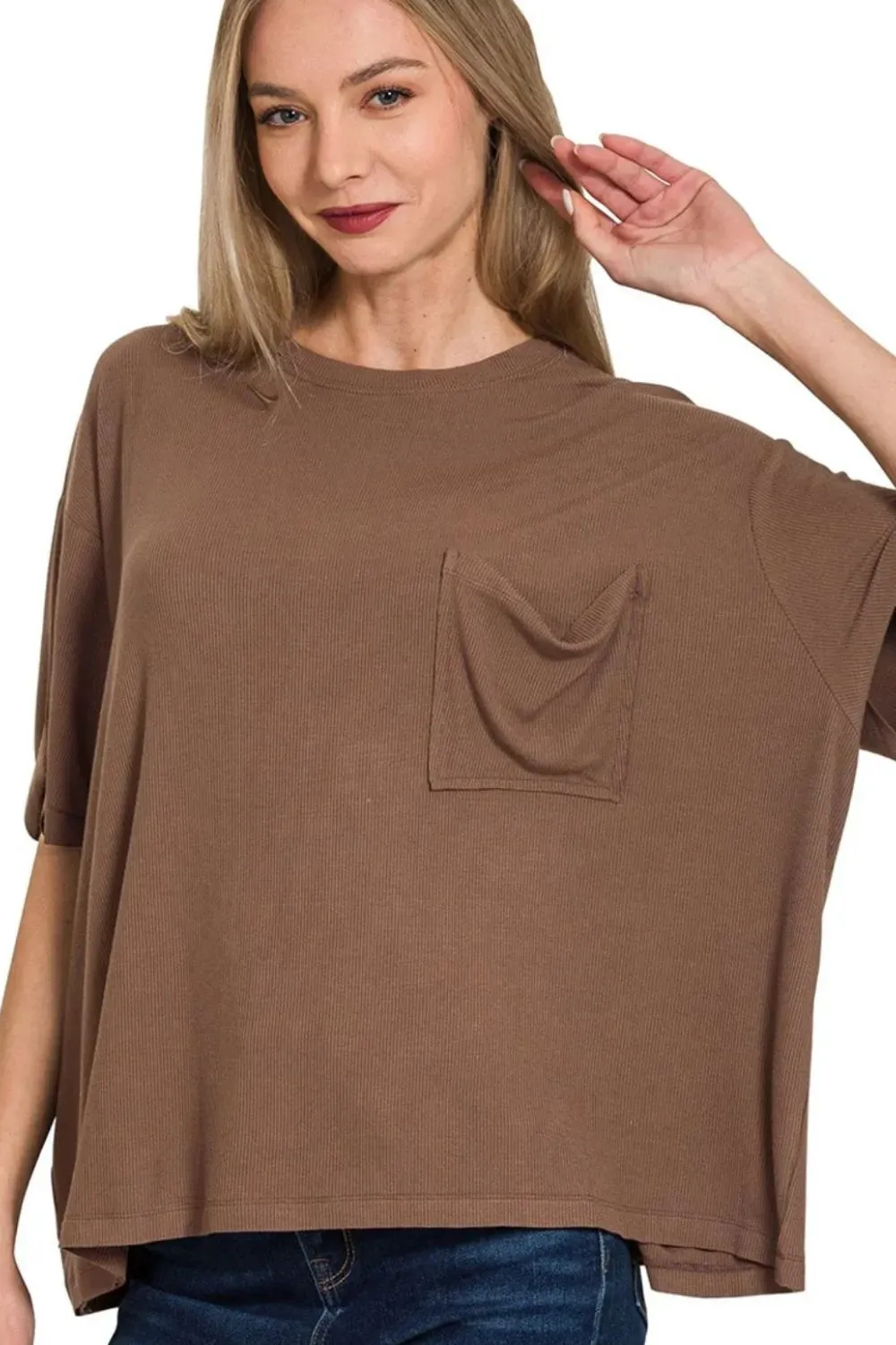 Zenana Oversized Ribbed Round Neck Short Sleeve Tee sold by Charming Charlie