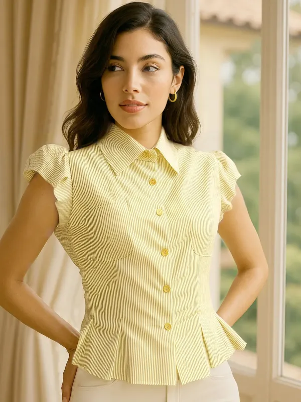 Striped Puff Sleeve Button-Up Shirt made by Trendsi