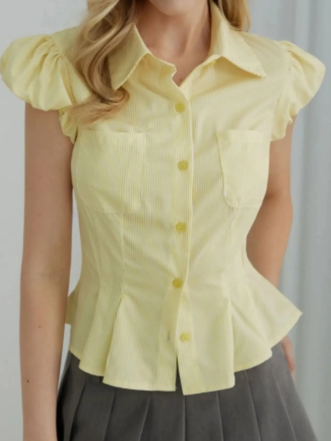 Striped Puff Sleeve Button-Up Shirt sold by Charming Charlie product image thumbnail 2