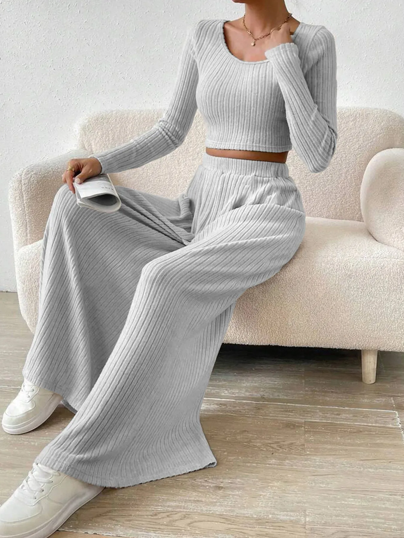 Ribbed Knit Crop Top and Wide Leg Pants Set sold by Charming Charlie