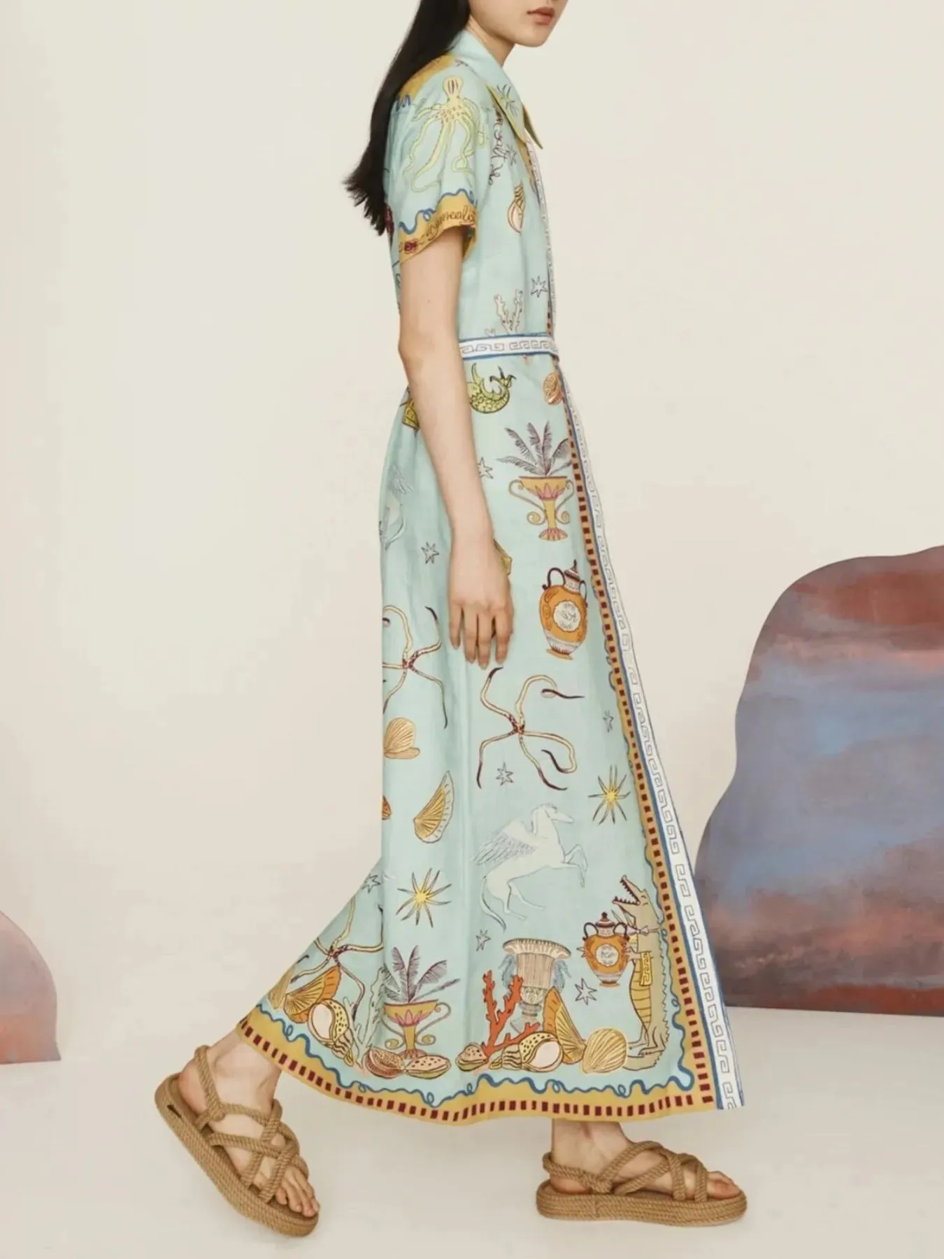 Printed Short Sleeve Maxi Shirt Dress with Belt sold by Charming Charlie product image thumbnail 3