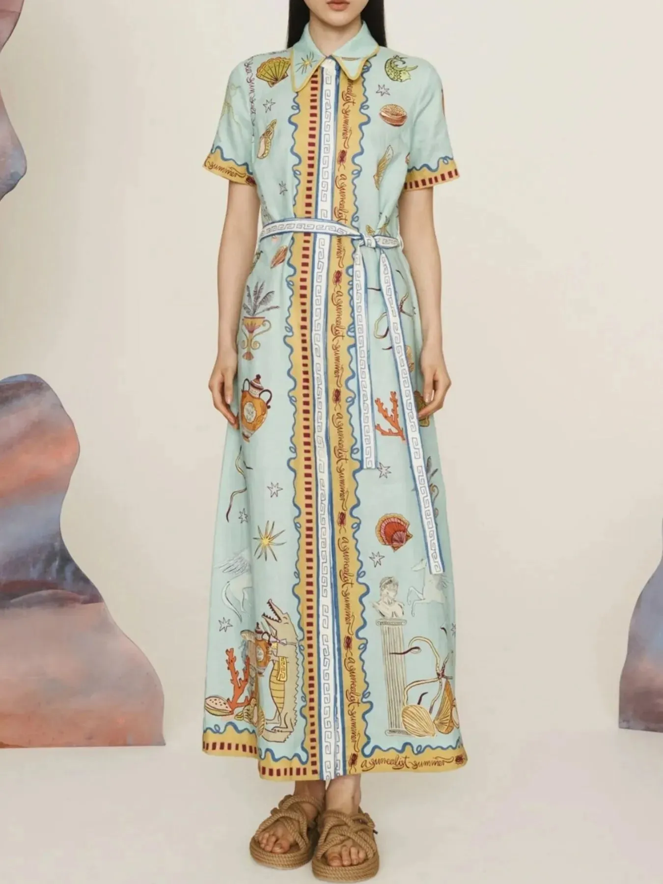 Printed Short Sleeve Maxi Shirt Dress with Belt sold by Charming Charlie