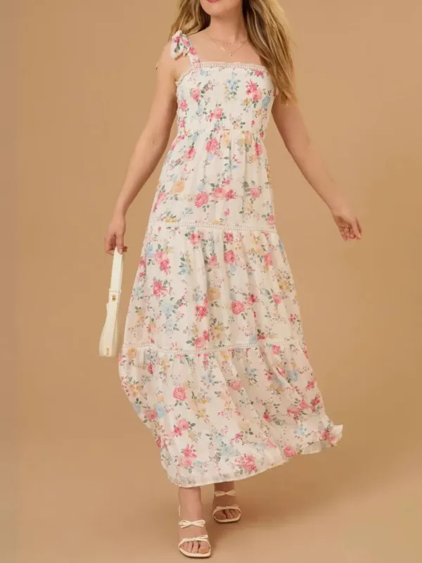 Floral Smocked Tiered Maxi Dress with Tie Straps sold by Charming Charlie
