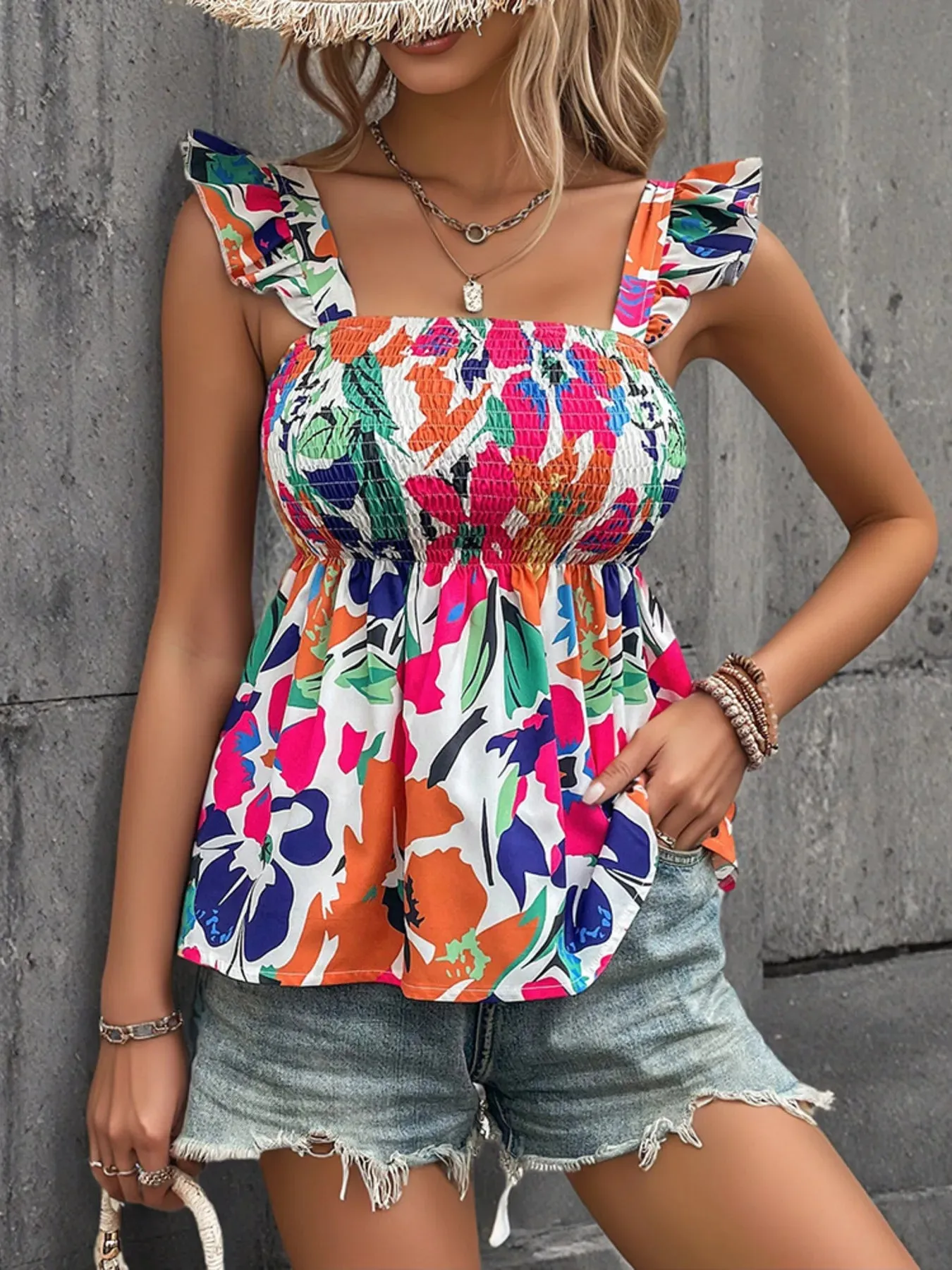 Smocked Printed Ruffled Blouse sold by Charming Charlie