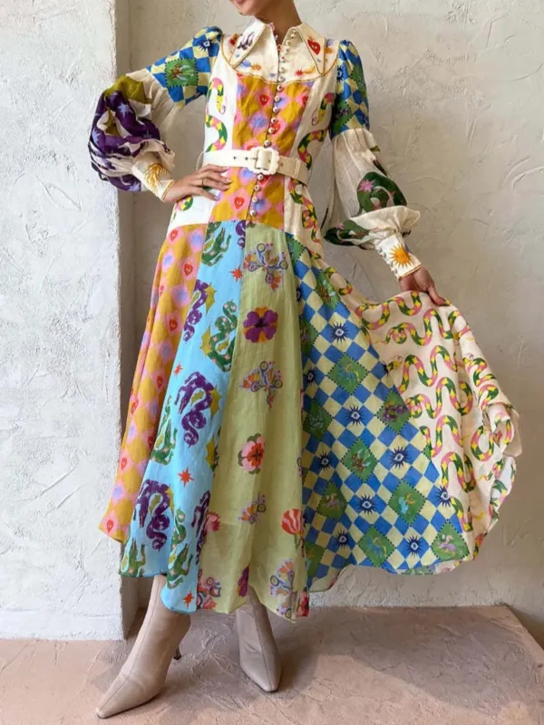 Printed Lantern Sleeve Midi Shirt Dress sold by Charming Charlie