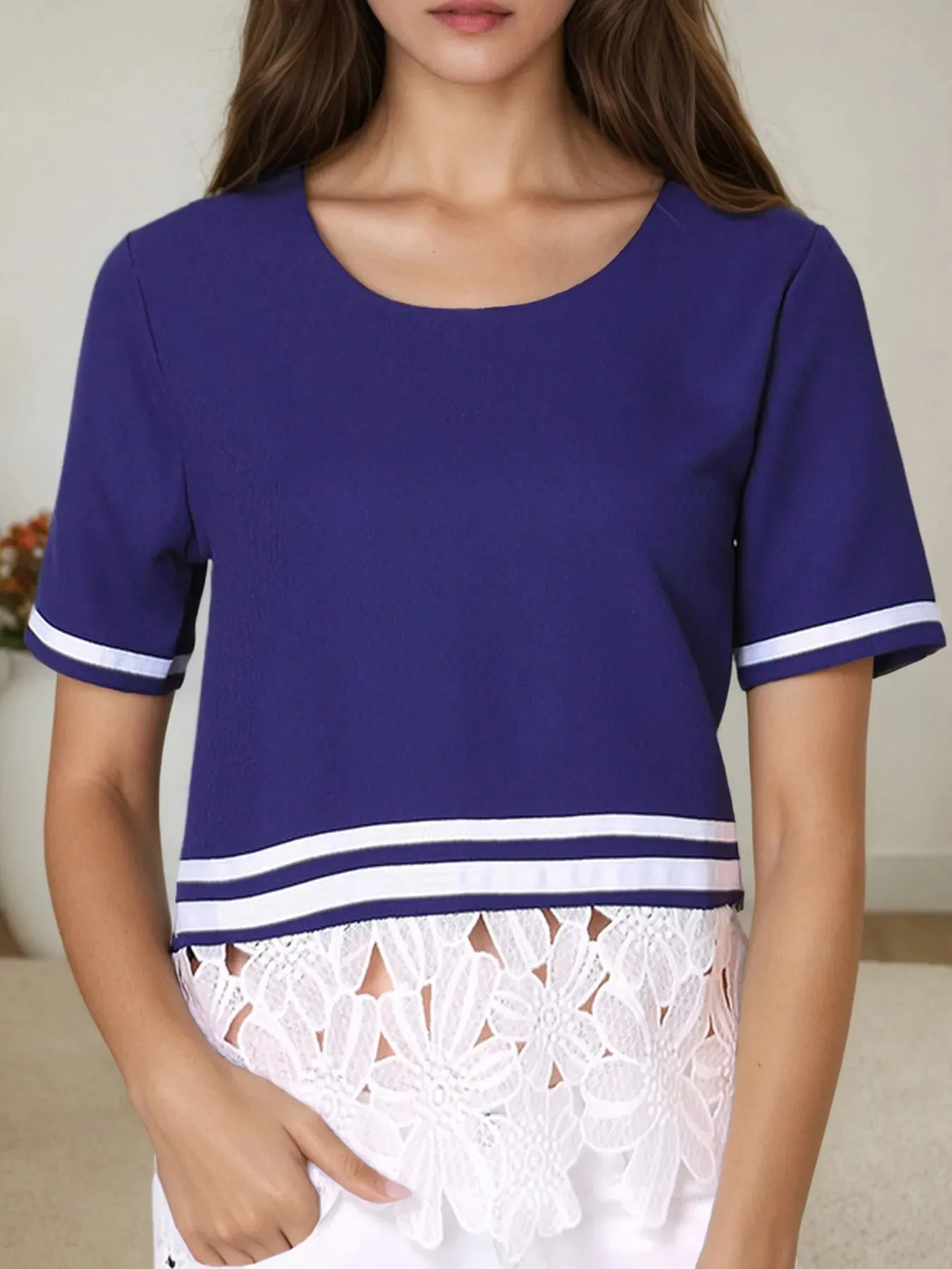 Striped Trim T-Shirt with Lace Hem Detail sold by Charming Charlie product image thumbnail 5
