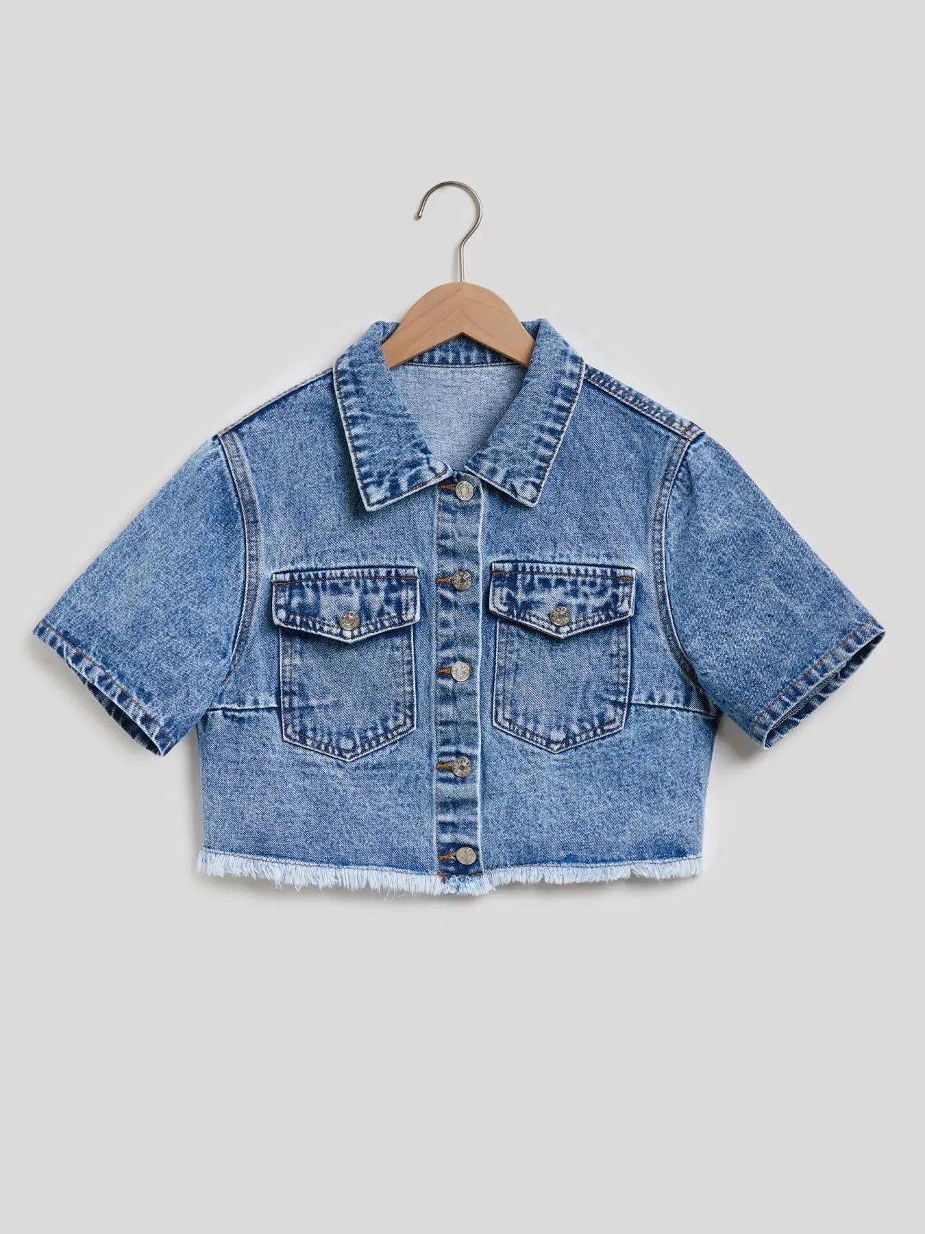 Cropped Short Sleeve Denim Jacket with Frayed Hem sold by Charming Charlie product image thumbnail 3
