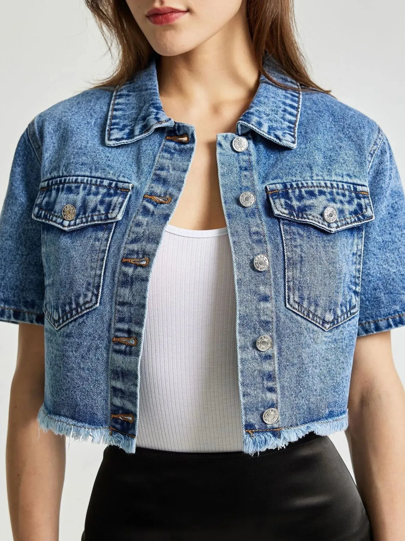 Cropped Short Sleeve Denim Jacket with Frayed Hem sold by Charming Charlie product image thumbnail 2