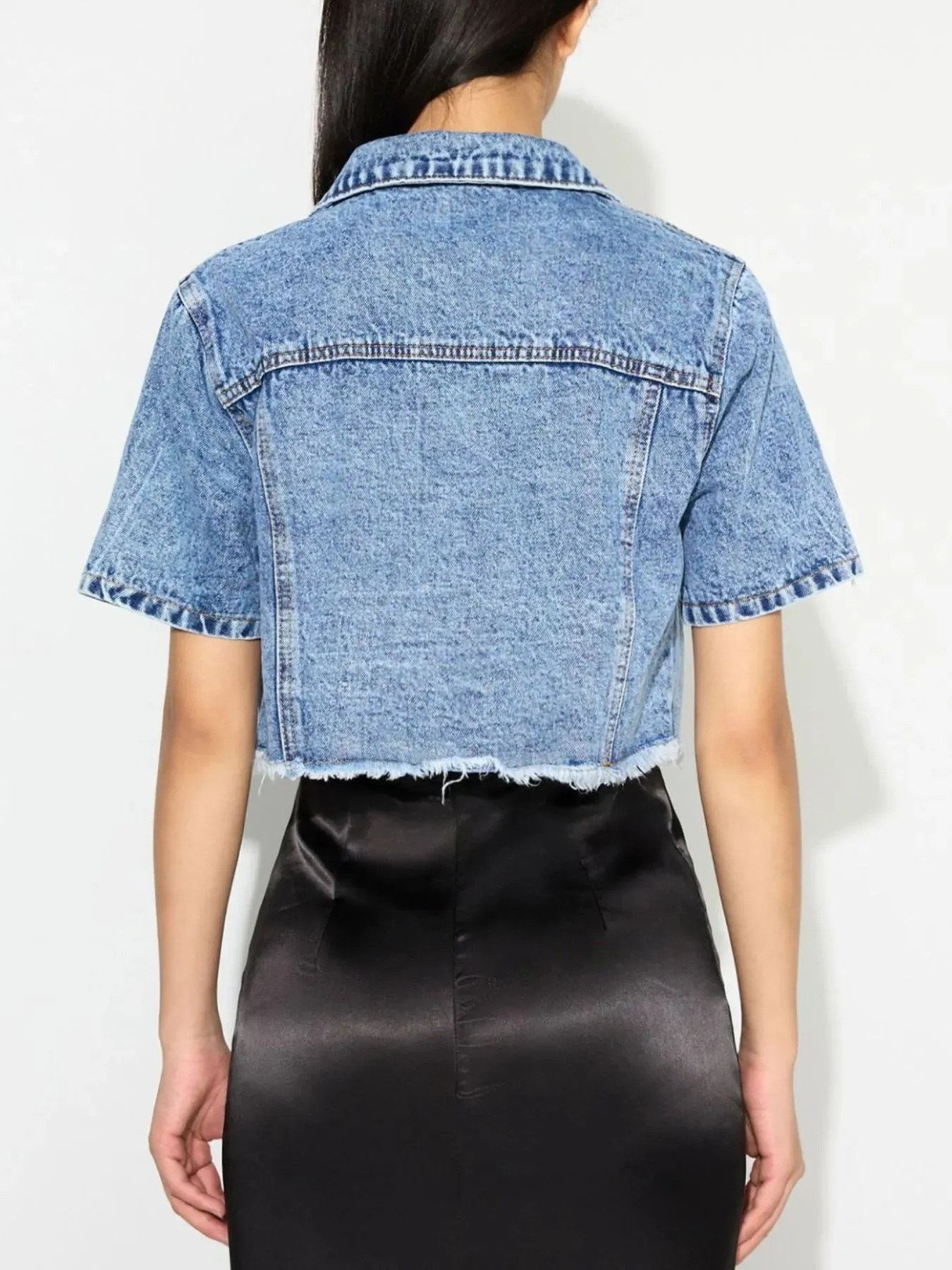 Cropped Short Sleeve Denim Jacket with Frayed Hem sold by Charming Charlie product image thumbnail 4