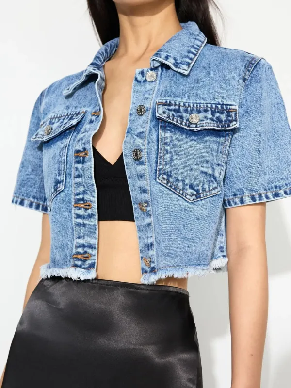 Cropped Short Sleeve Denim Jacket with Frayed Hem sold by Charming Charlie