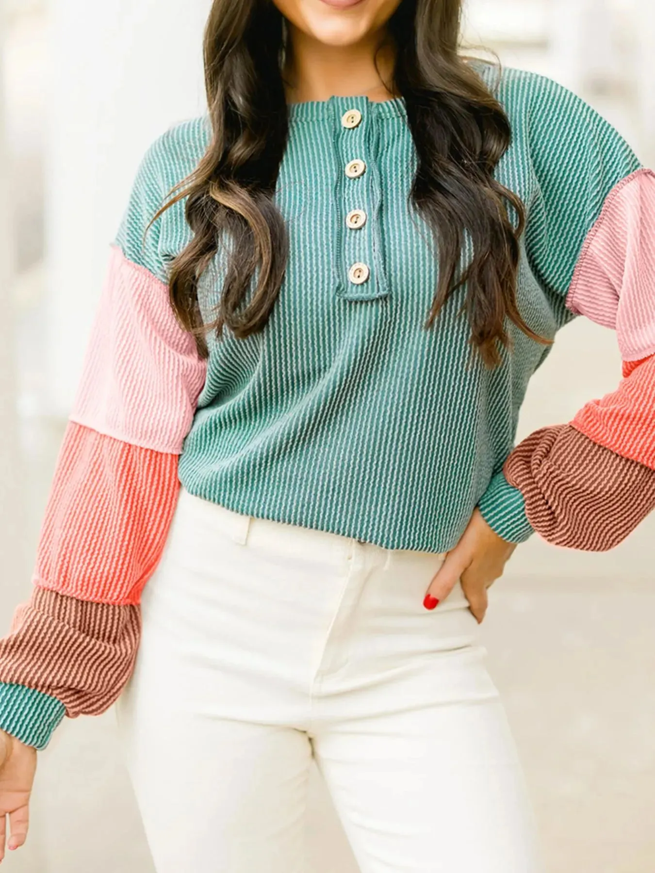 Color Block Ribbed Knit Henley Sweatshirt sold by Charming Charlie