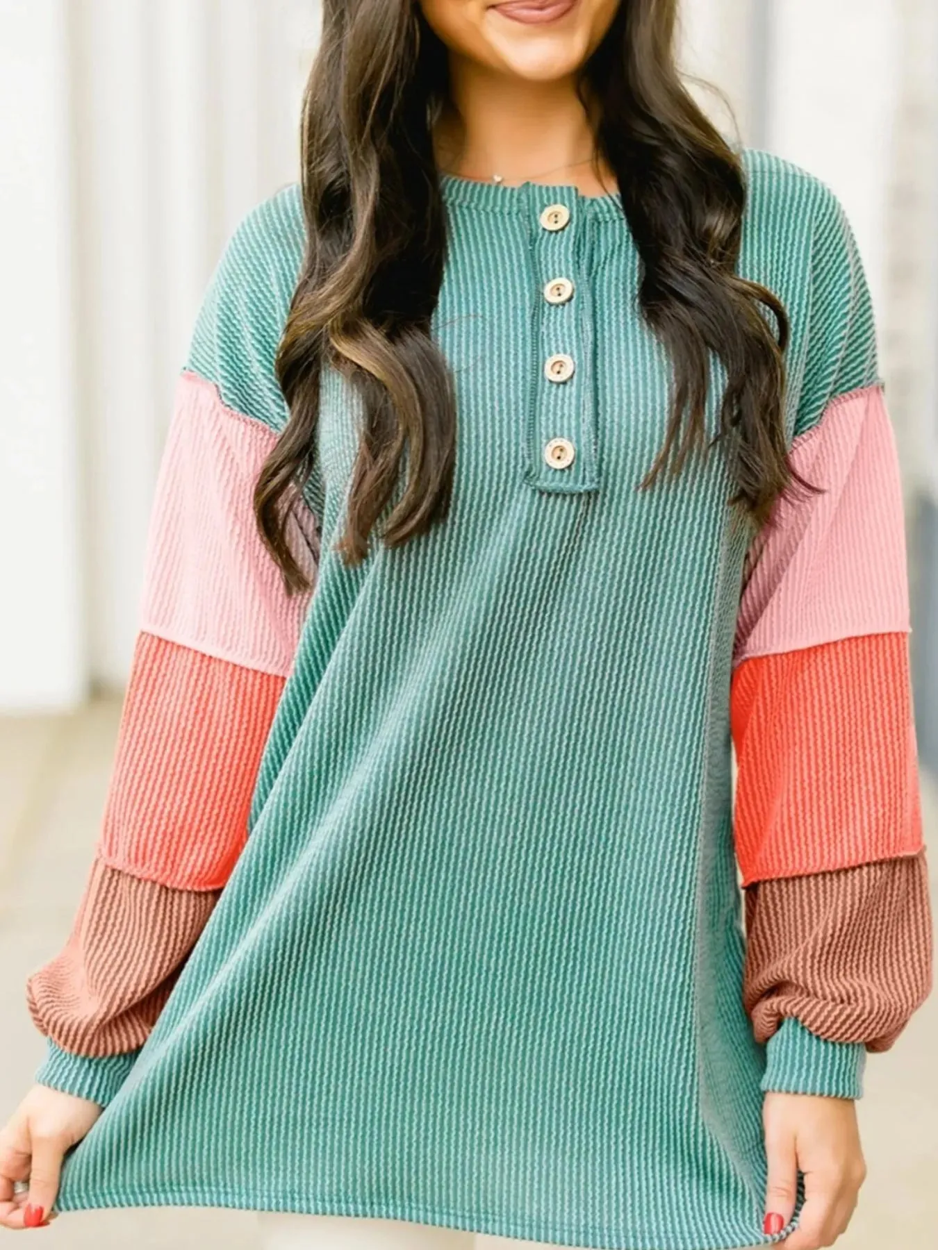 Color Block Ribbed Knit Henley Sweatshirt sold by Charming Charlie product image thumbnail 2