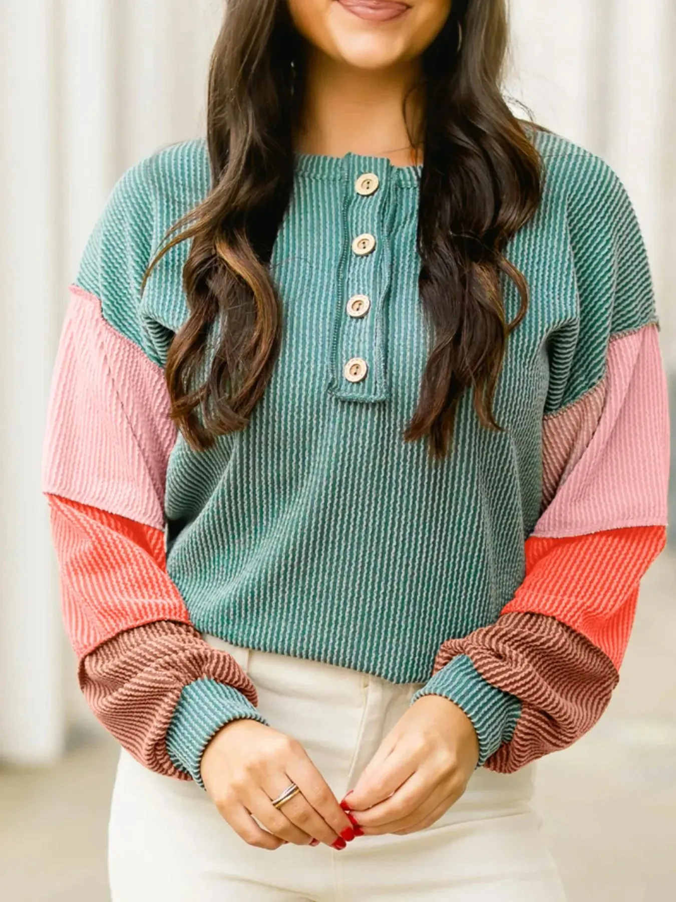 Color Block Ribbed Knit Henley Sweatshirt sold by Charming Charlie product image thumbnail 5