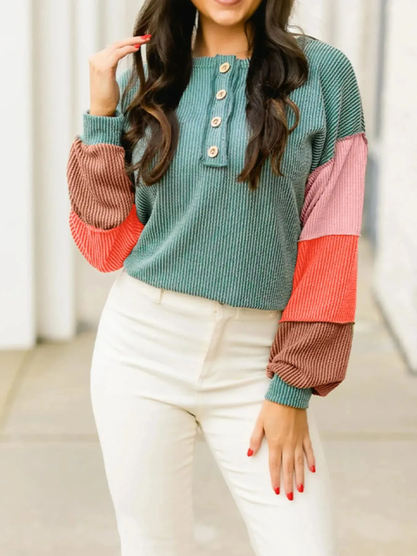 Color Block Ribbed Knit Henley Sweatshirt sold by Charming Charlie product image thumbnail 3
