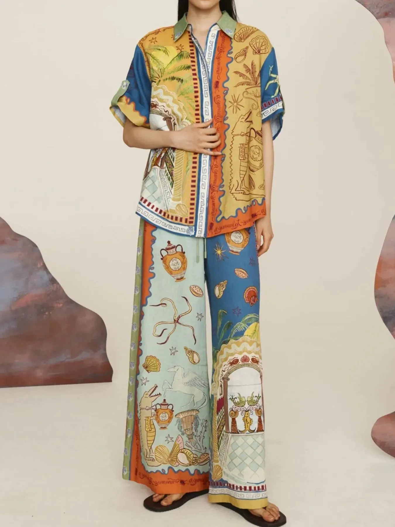 Printed Button Up Shirt and Pants Set sold by Charming Charlie