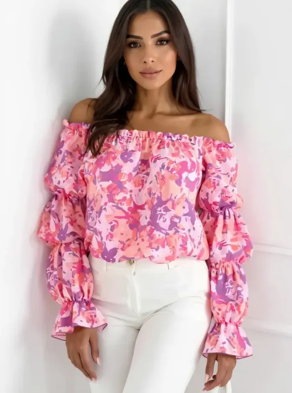 Off-Shoulder Floral Ruffle Blouse with Elastic Neckline sold by Charming Charlie