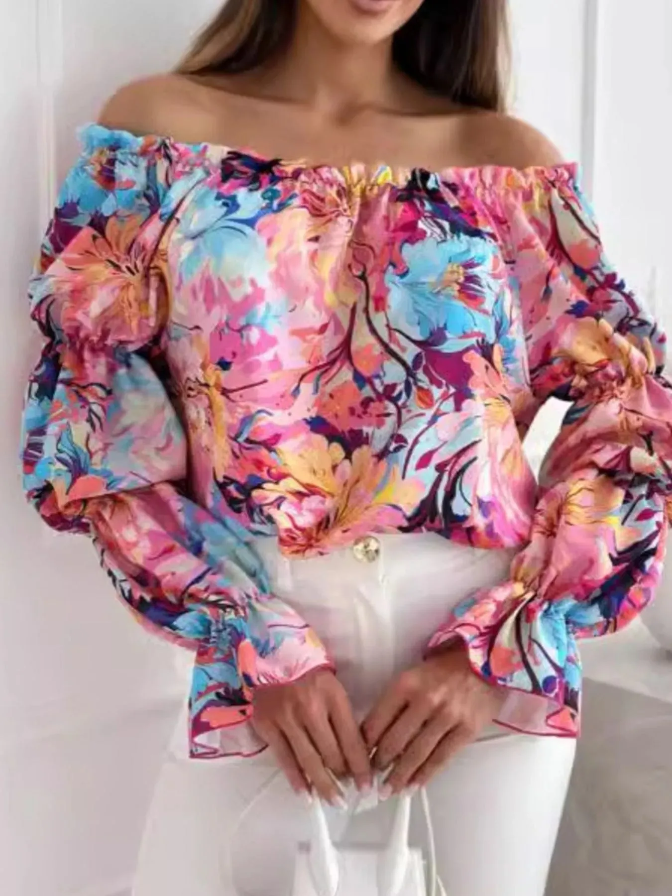 Off-Shoulder Floral Ruffle Blouse with Elastic Neckline sold by Charming Charlie product image thumbnail 5