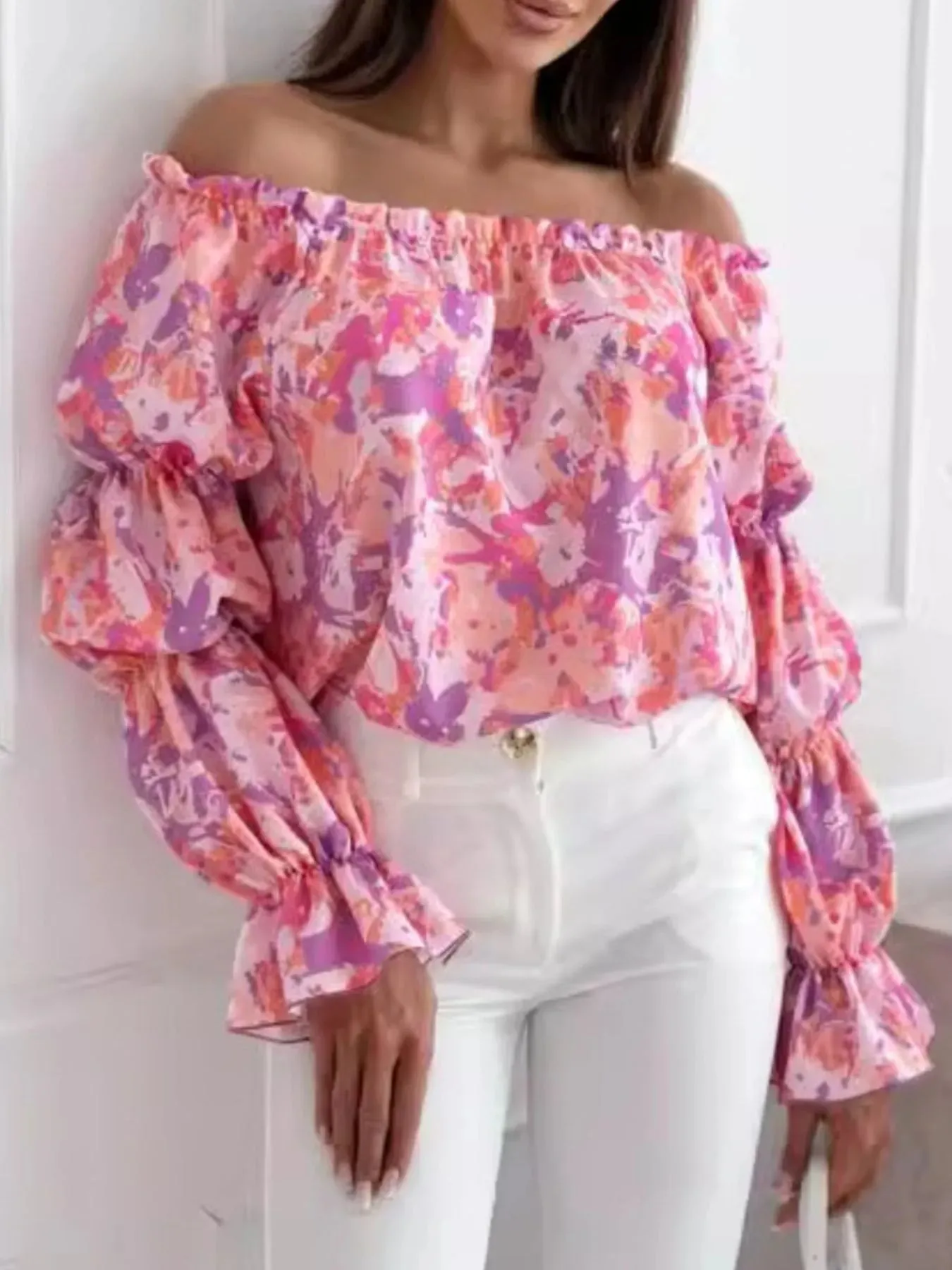 Off-Shoulder Floral Ruffle Blouse with Elastic Neckline sold by Charming Charlie product image thumbnail 2