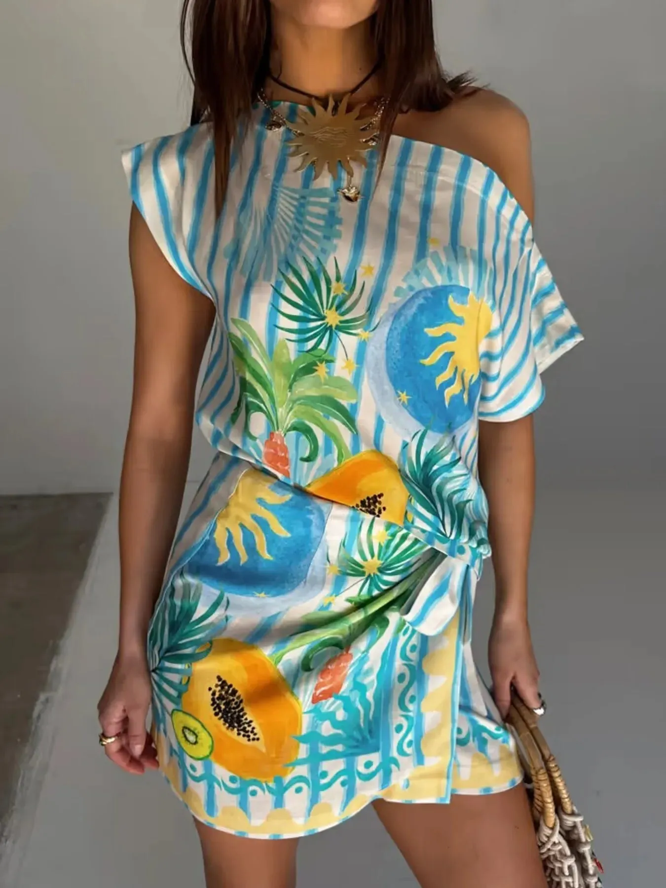 Printed Striped Single Shoulder Top and Skirt Set sold by Charming Charlie