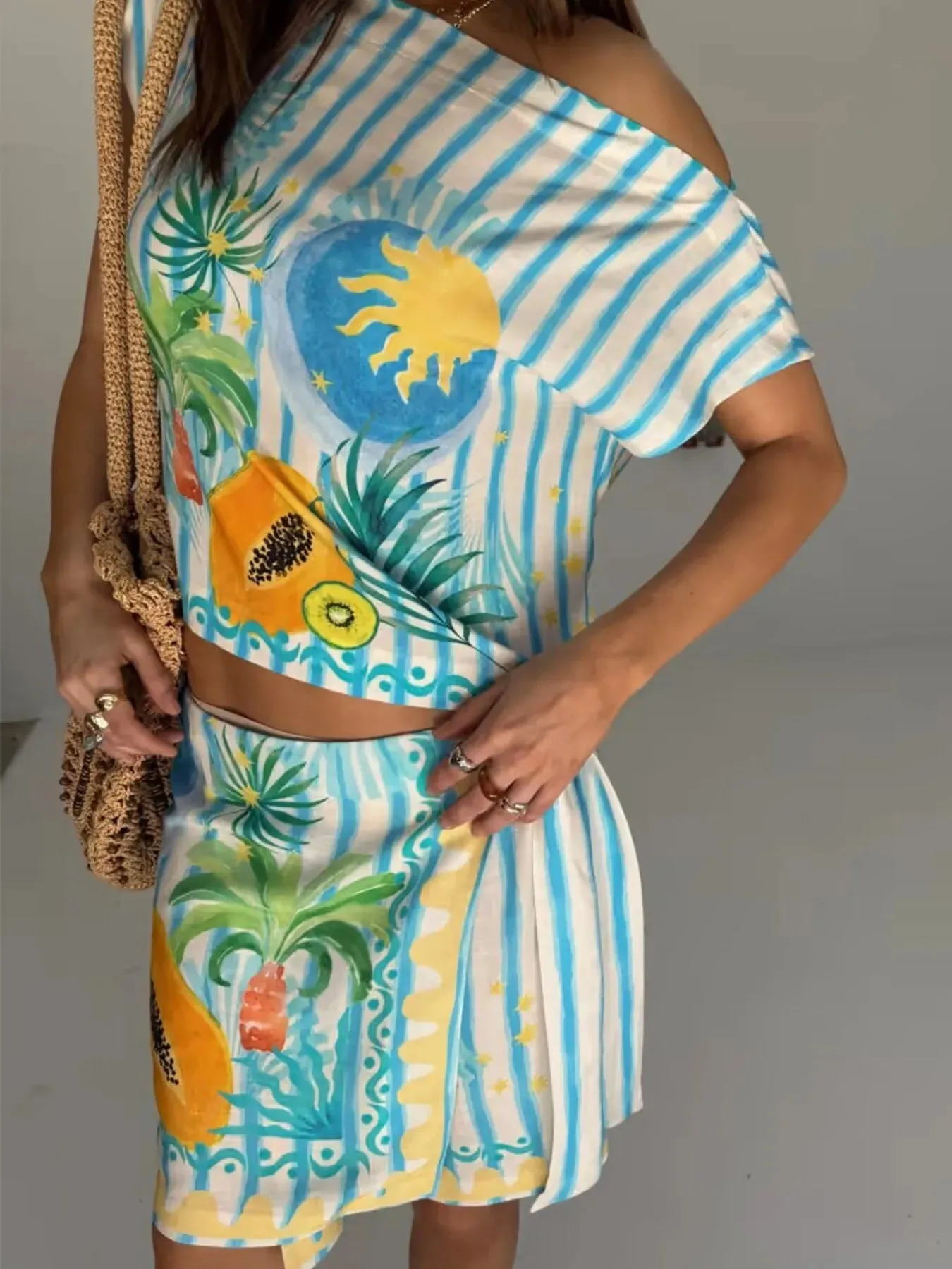 Printed Striped Single Shoulder Top and Skirt Set sold by Charming Charlie product image thumbnail 3