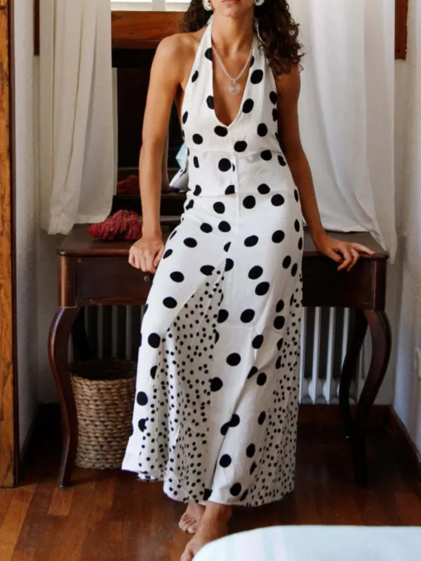 Backless Halter Neck Polka Dot Maxi Dress sold by Charming Charlie