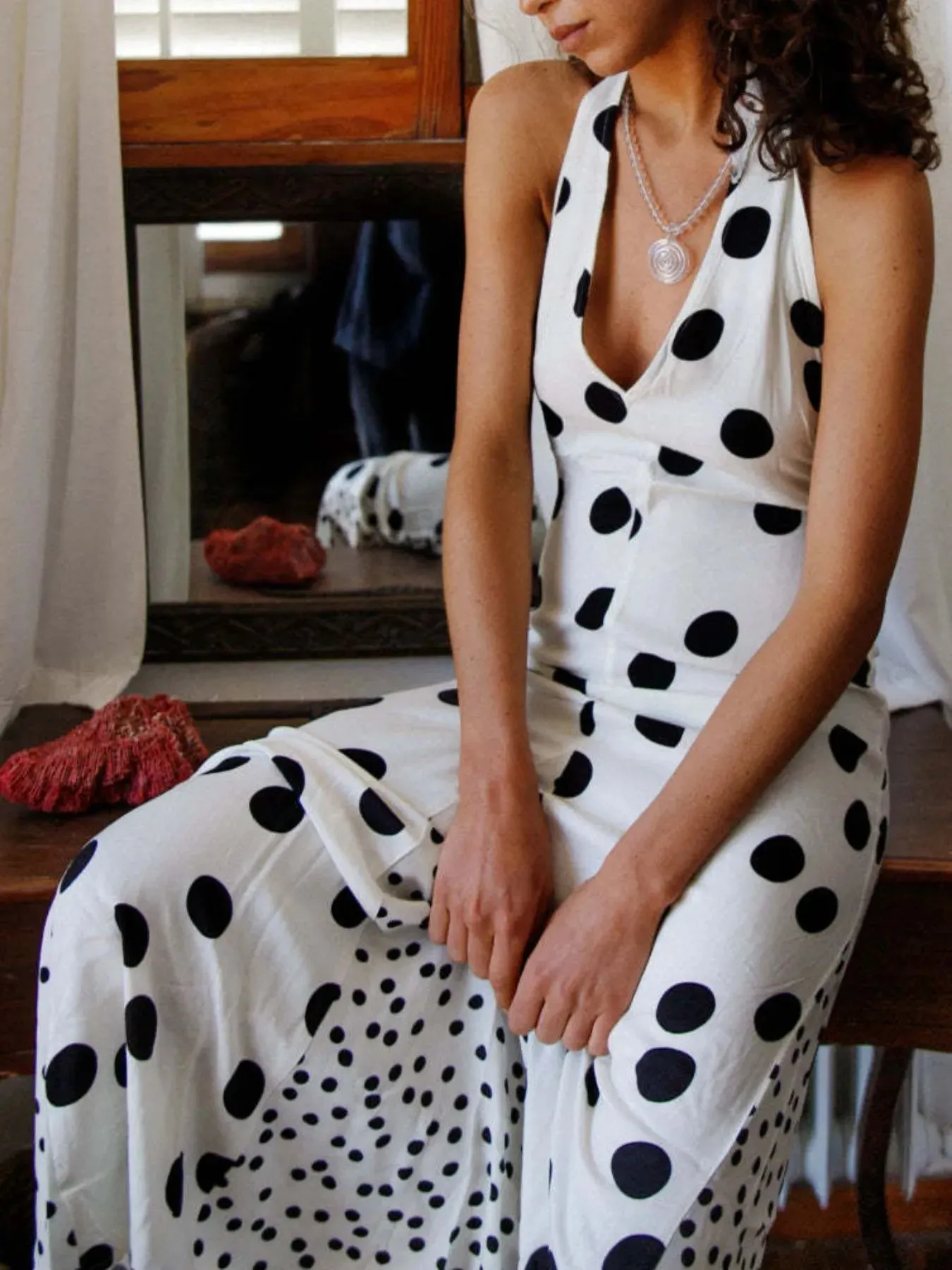 Backless Halter Neck Polka Dot Maxi Dress sold by Charming Charlie product image thumbnail 3