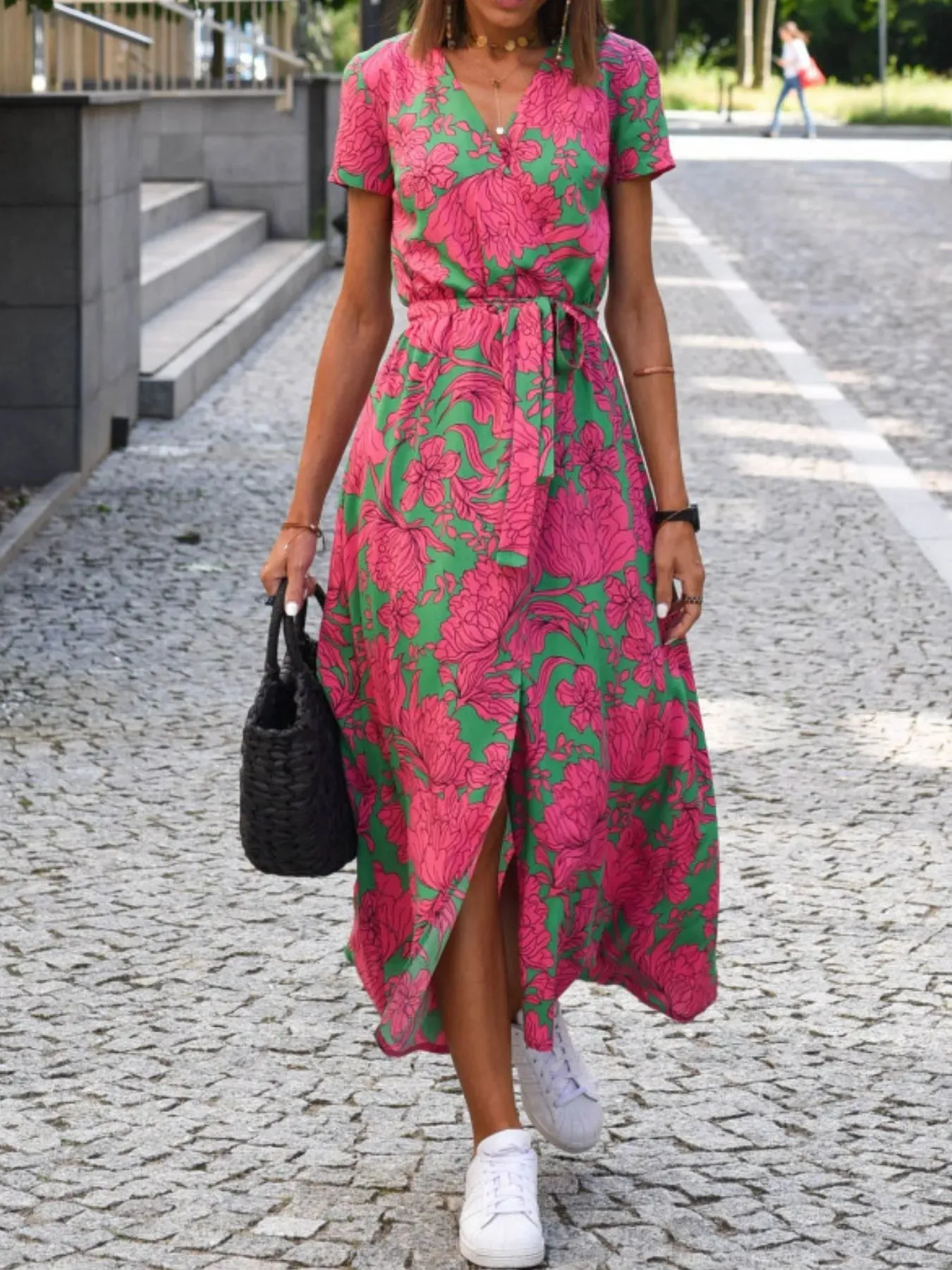 Printed Tie Waist Short Sleeve Dress sold by Charming Charlie