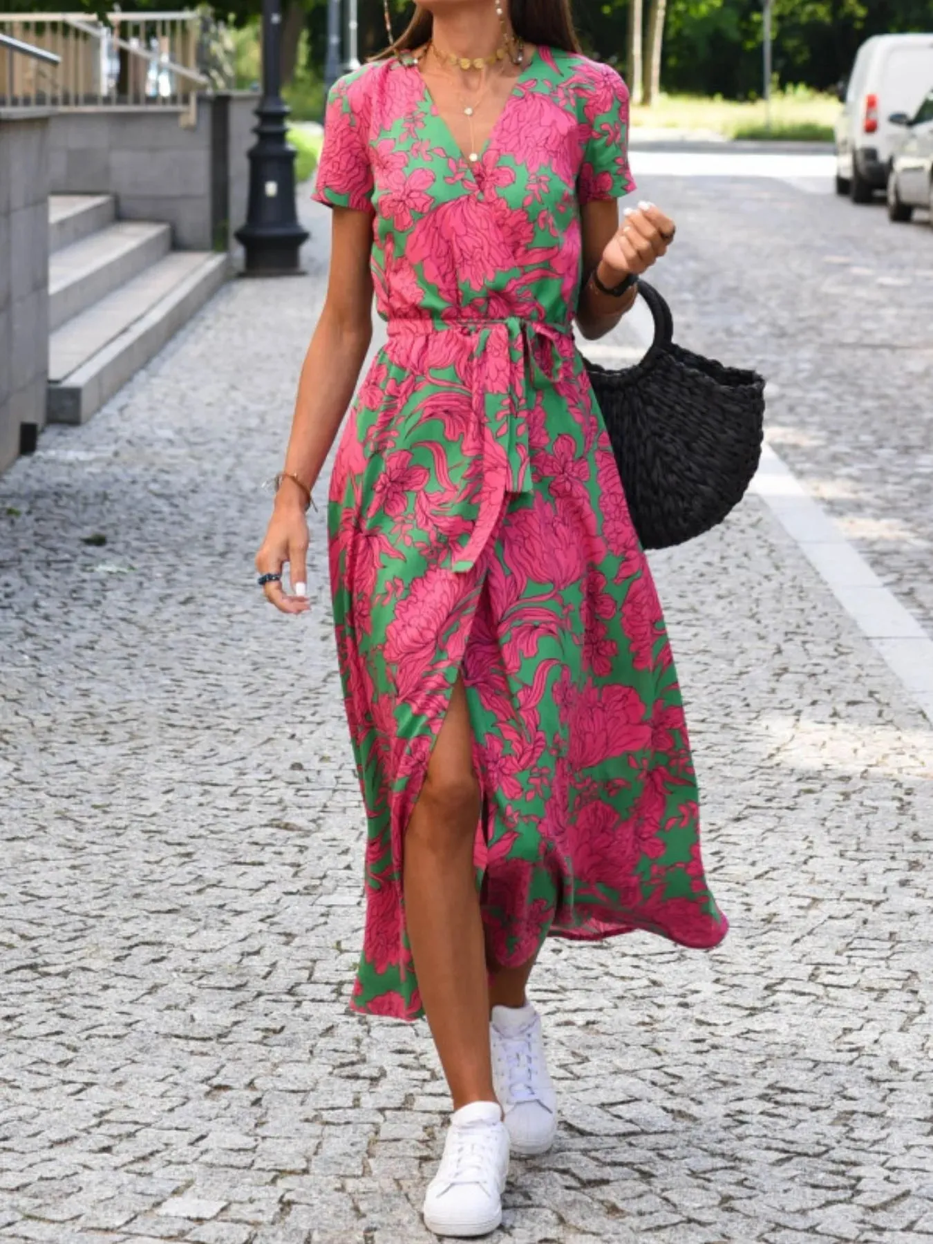 Printed Tie Waist Short Sleeve Dress sold by Charming Charlie product image thumbnail 4