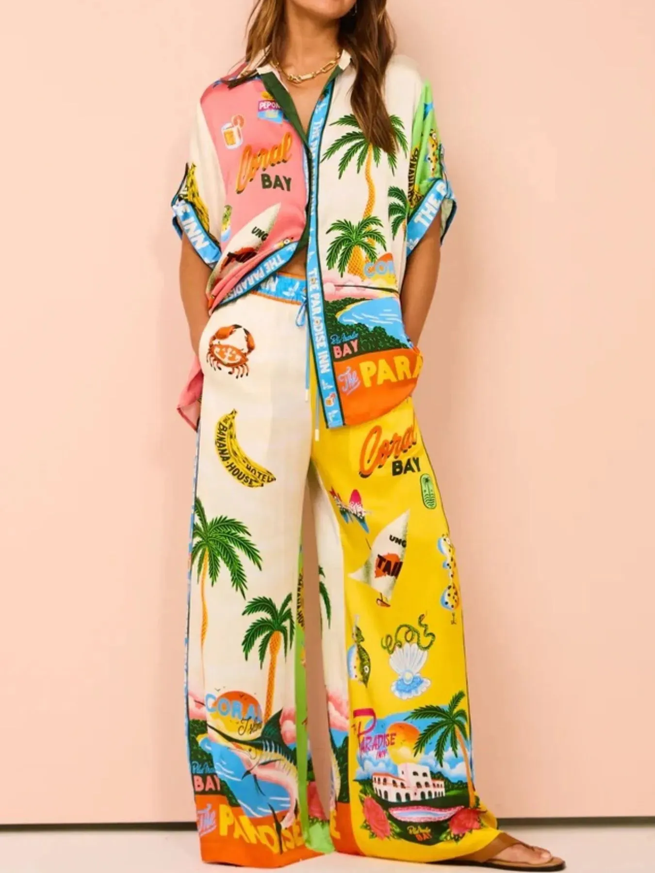 Printed Half Sleeve Shirt and Wide Leg Pants Set sold by Charming Charlie