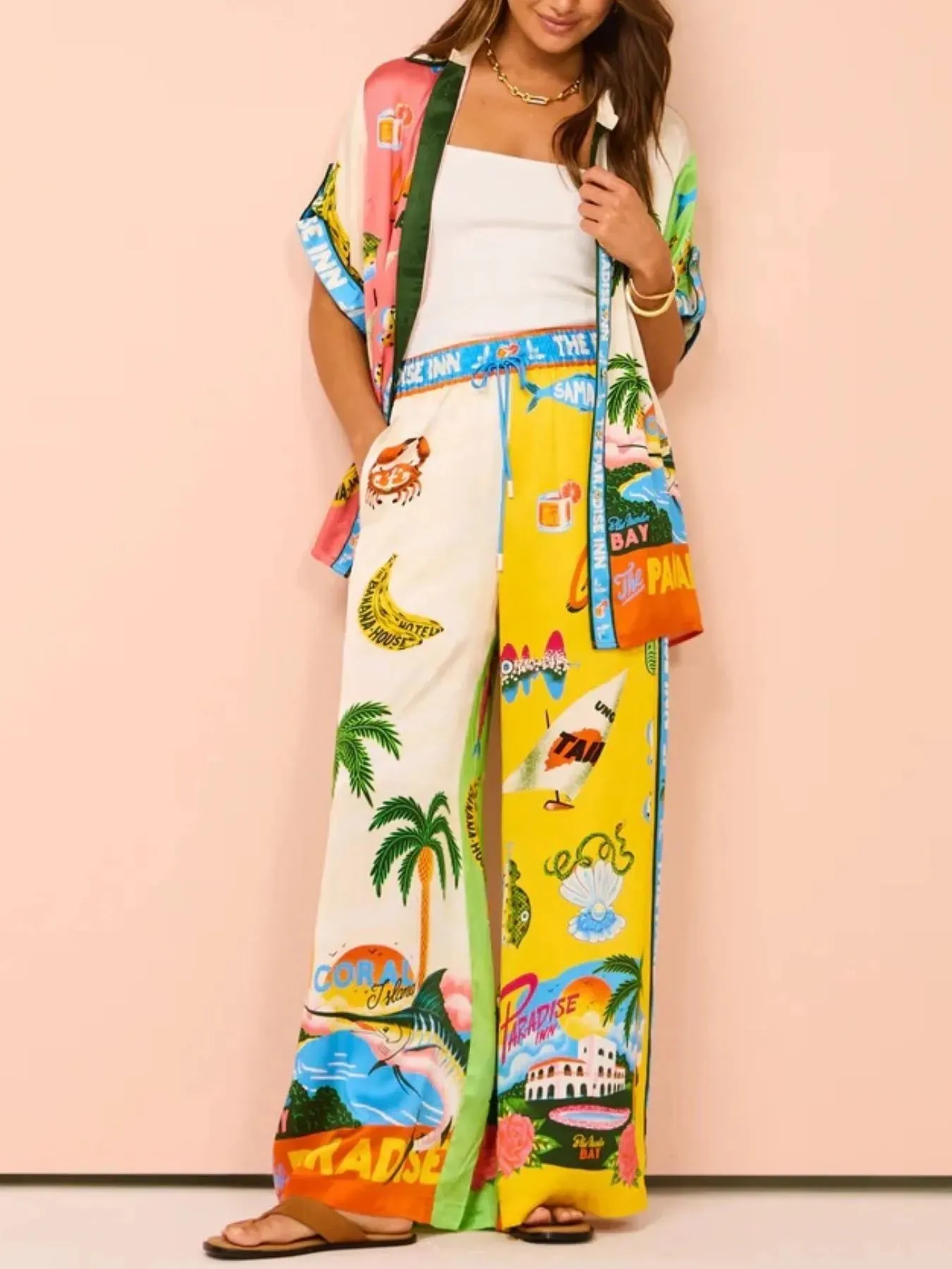 Printed Half Sleeve Shirt and Wide Leg Pants Set sold by Charming Charlie product image thumbnail 3