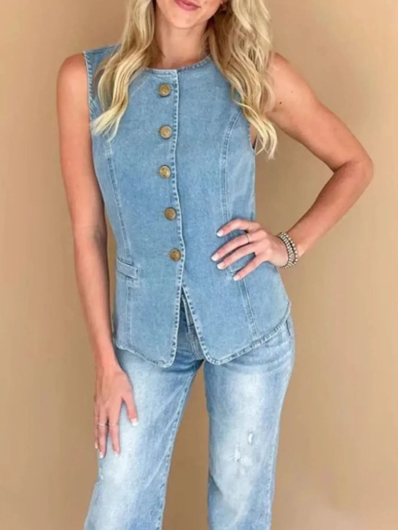 Sleeveless Button-Front Denim Vest sold by Charming Charlie product image thumbnail 5