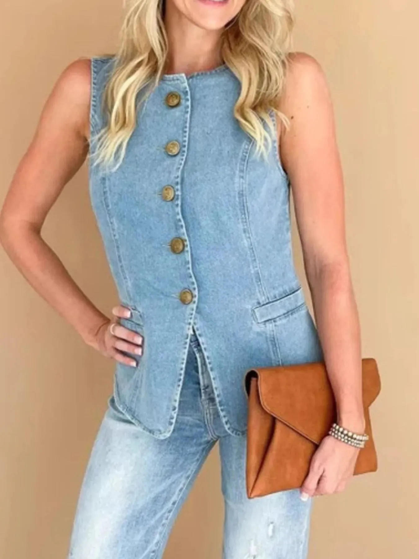 Sleeveless Button-Front Denim Vest sold by Charming Charlie product image thumbnail 4