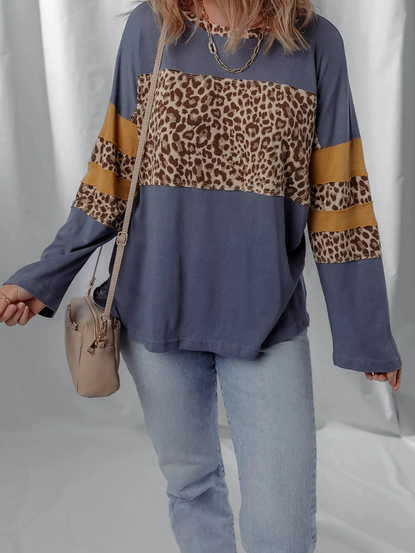 Leopard Color Block Long Sleeve Drop Shoulder Top sold by Charming Charlie product image thumbnail 3