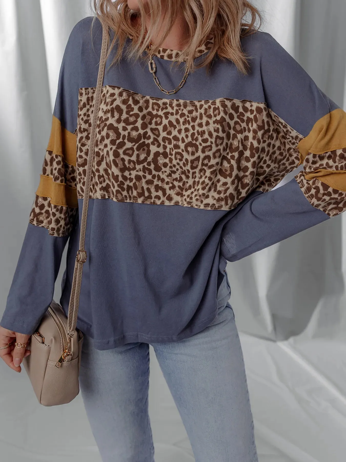 Leopard Color Block Long Sleeve Drop Shoulder Top sold by Charming Charlie product image thumbnail 4