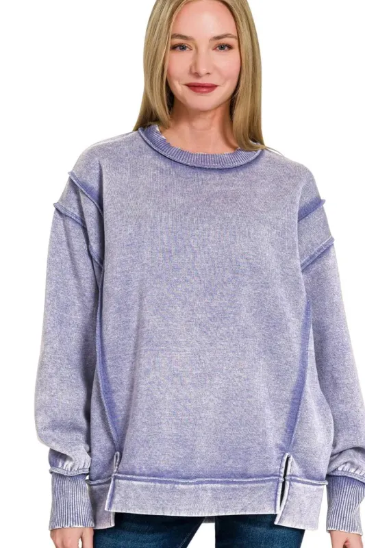 Zenana Acid Wash Exposed-seam Fleece Sweatshirt sold by Charming Charlie