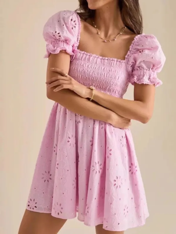 Eyelet Puff Sleeve Smocked Mini Dress sold by Charming Charlie