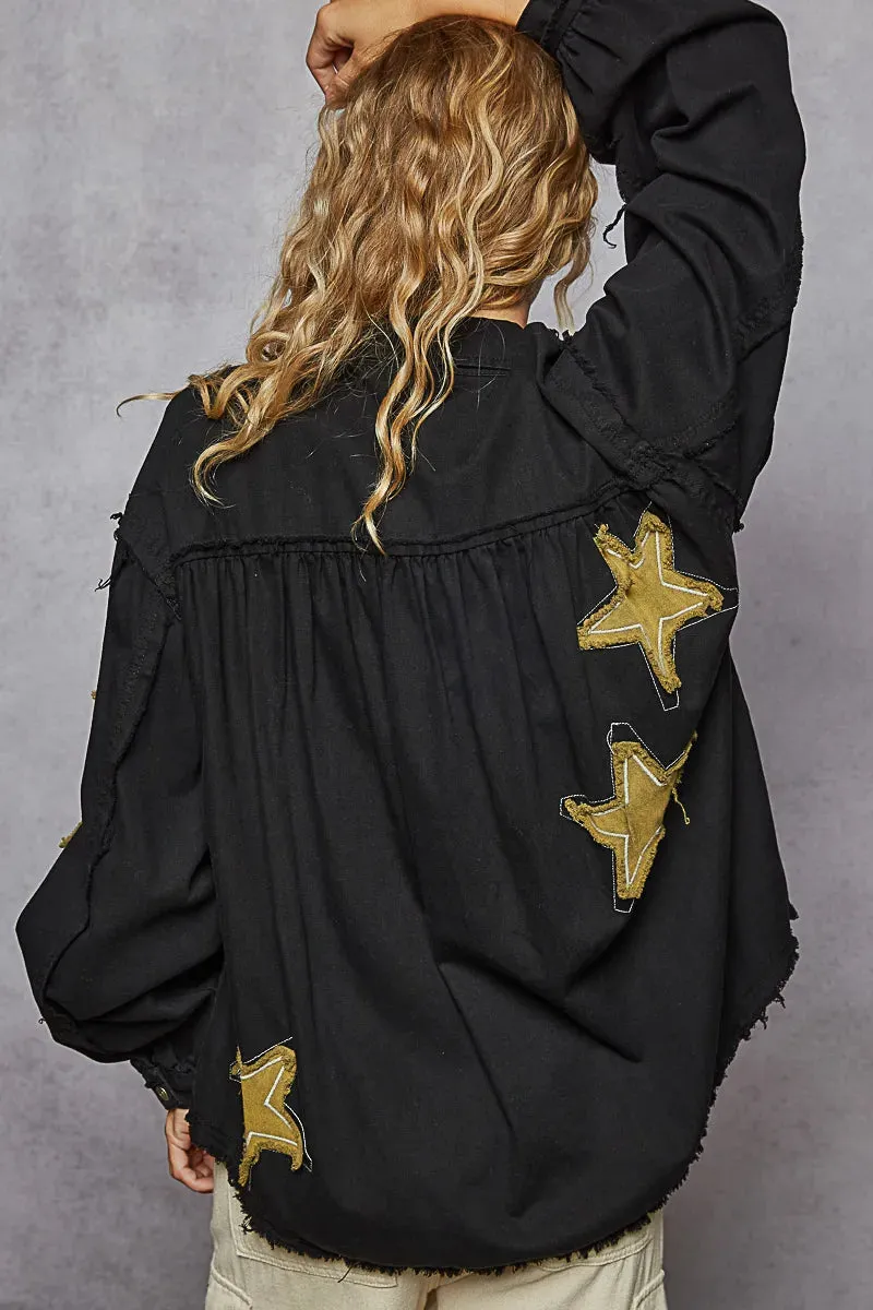 POL Star Patch Raw Hem Button Up Denim Jacket sold by Charming Charlie product image thumbnail 3