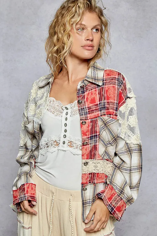 POL Lace Patchwork Plaid Oversized Shirt sold by Charming Charlie