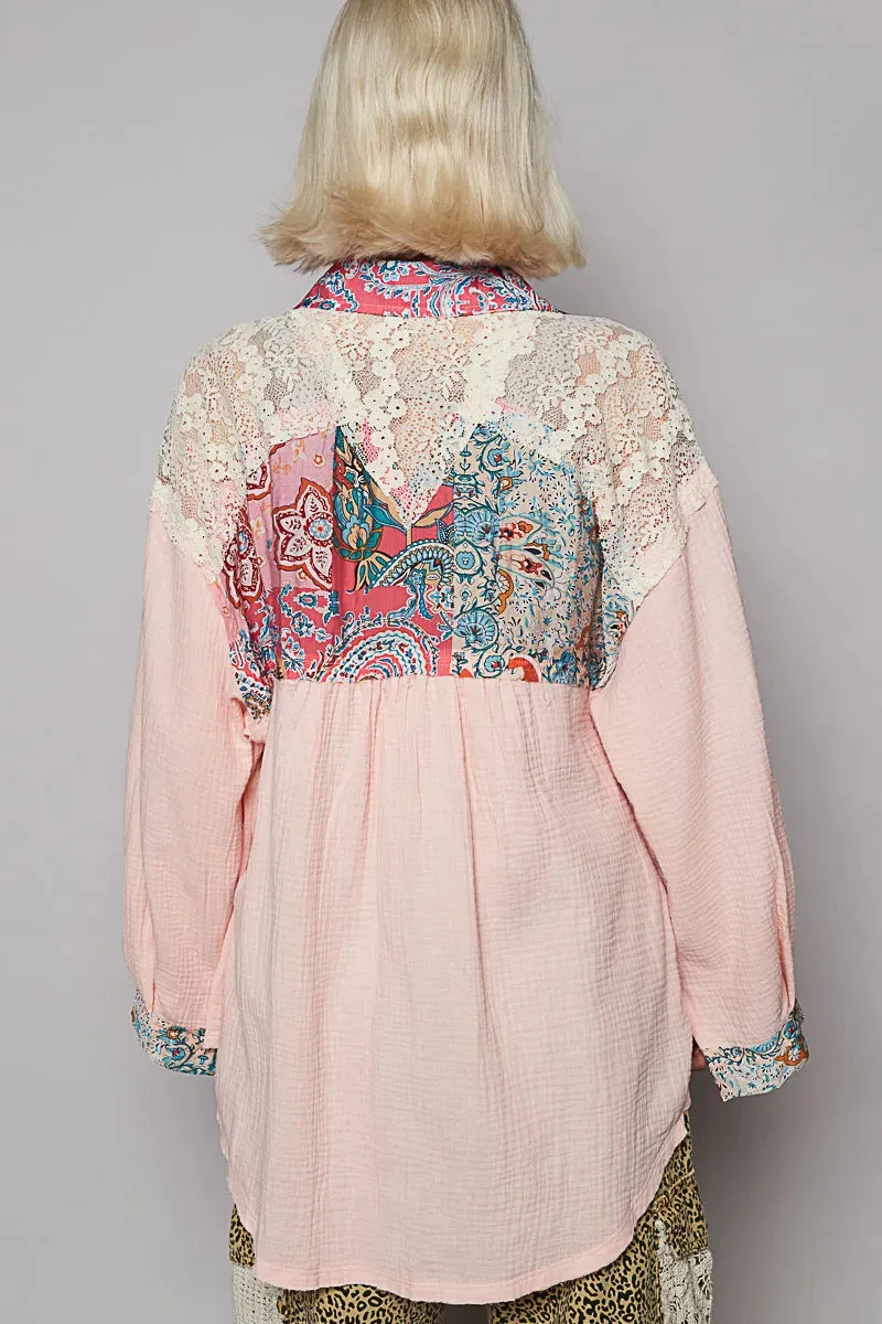 POL Lace Patchwork Floral Trim Long Sleeve Shirt sold by Charming Charlie product image thumbnail 3