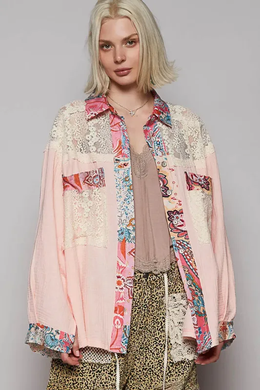 POL Lace Patchwork Floral Trim Long Sleeve Shirt sold by Charming Charlie