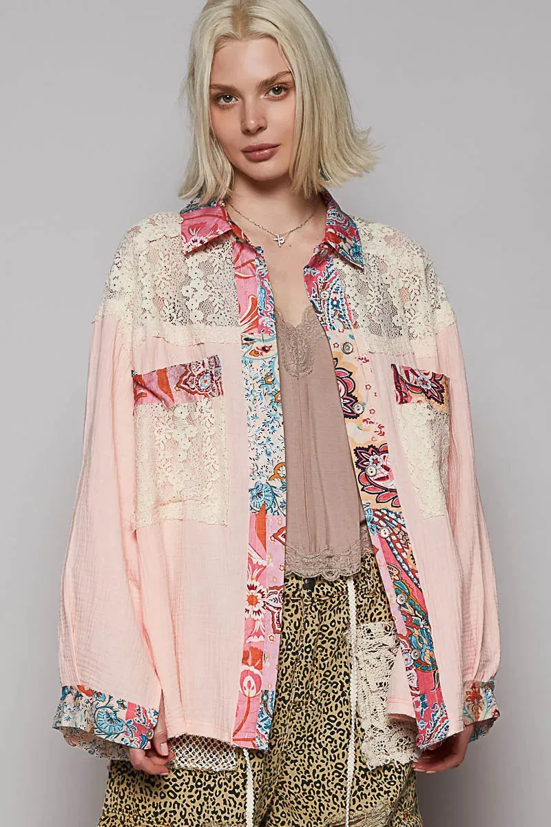 POL Lace Patchwork Floral Trim Long Sleeve Shirt sold by Charming Charlie