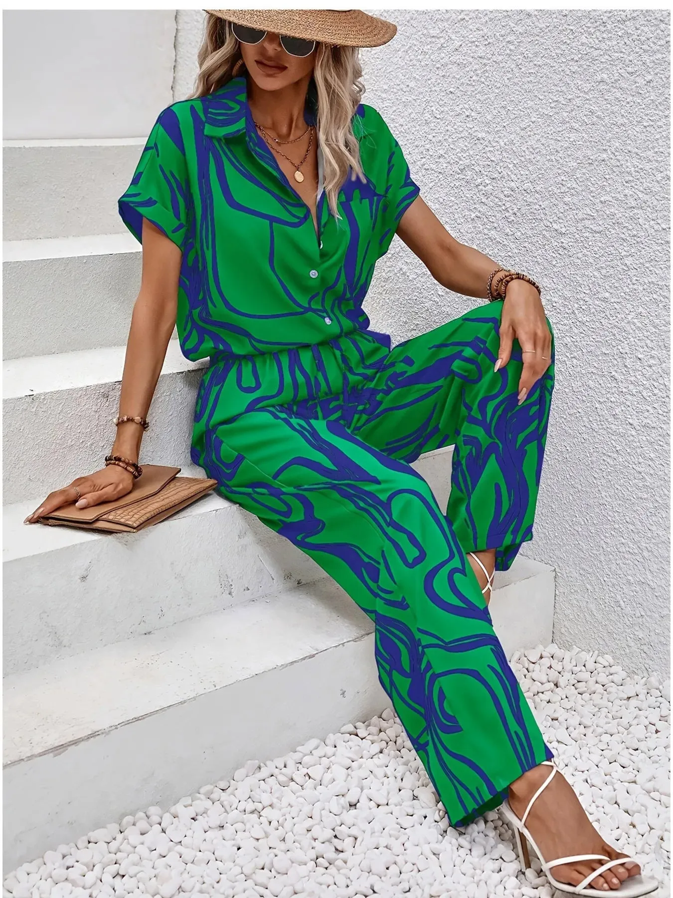 Printed Button Up Shirt and Pants Set sold by Charming Charlie